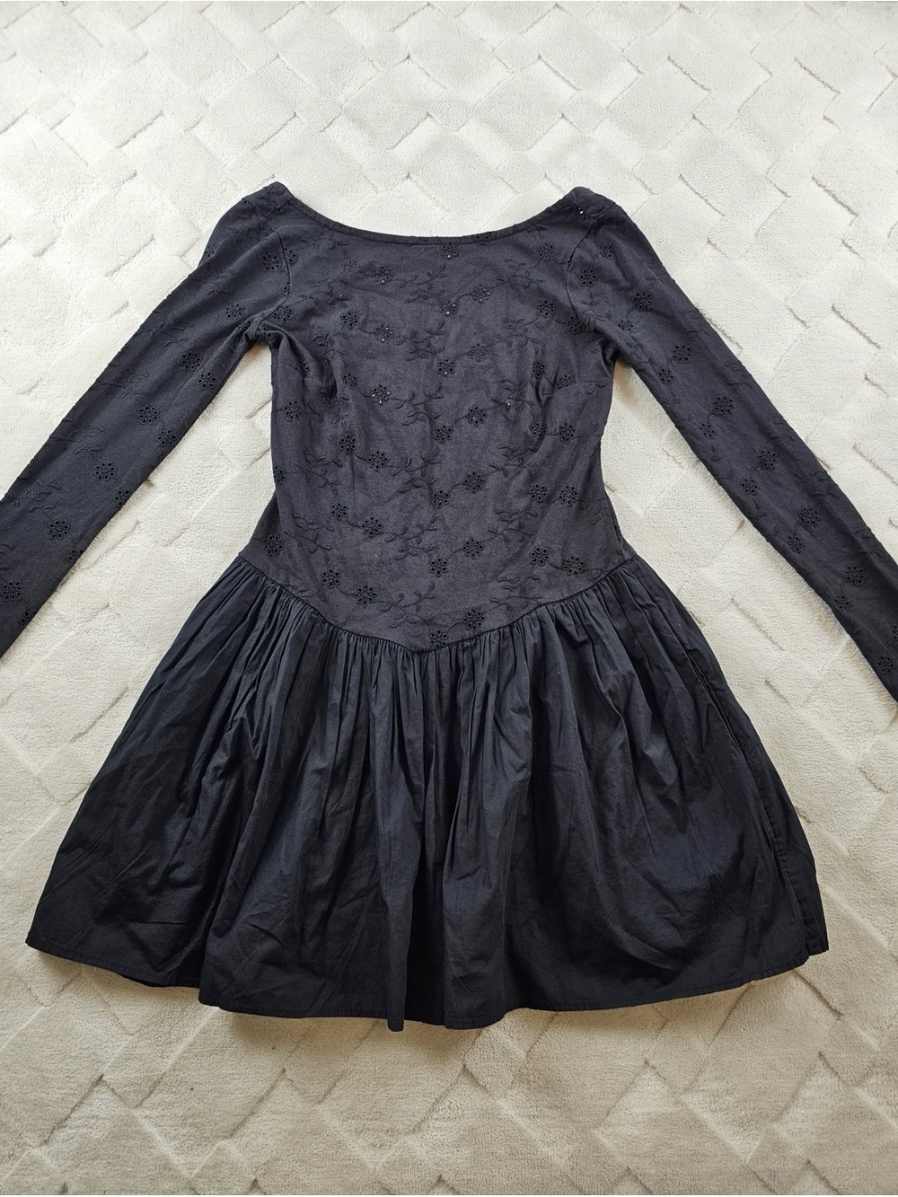 Free People Black Eyelet Solid Scoop Neck Long Sleeve Mini Dress Womens Small